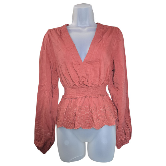Old Navy Women Small TALL Rust Wrap Top Puff Sleeve Peplum Eyelet Cottagecore - Picture 1 of 13
